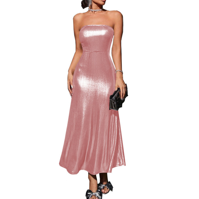 Shiny Metallic Summer Dress Solid Vestidos Sexy Strapless Bodycon A-line Women Dress Elegant Banquet Venue Gown Long Dess