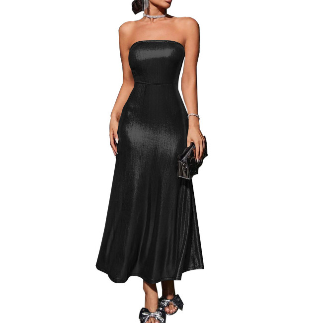 Shiny Metallic Summer Dress Solid Vestidos Sexy Strapless Bodycon A-line Women Dress Elegant Banquet Venue Gown Long Dess