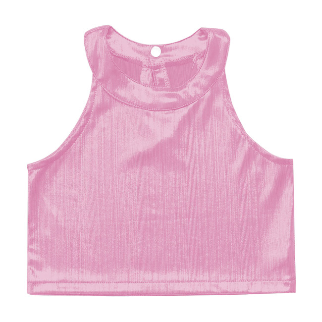Shiny Metallic O Neck Slim Fit Hot Tops for Women Sleeveless Sexy Bodycon Crop Top Daily Lady Tanks Outdoor Clothes Streetwear