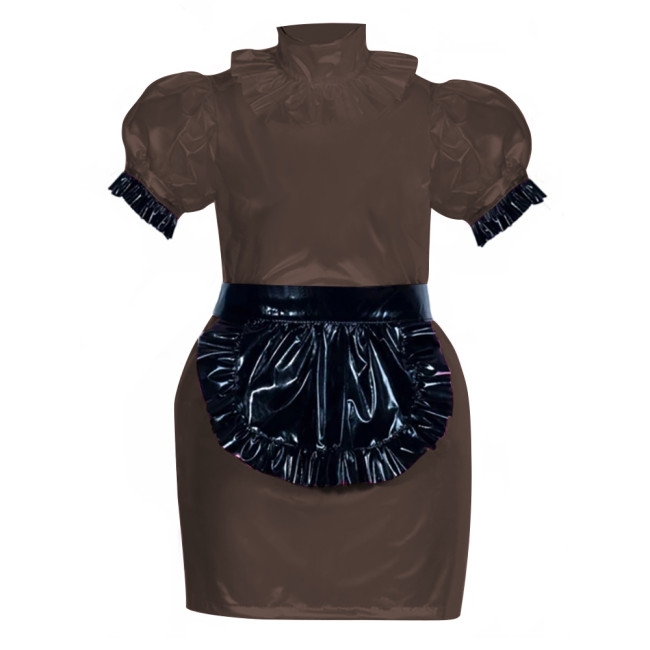 French Role Play Maid Outfits Puffed Sleeves Slim PVC Leather Mini Dress Women Sexy Cosplay Lingerie Maid Dress Waitress Uniform