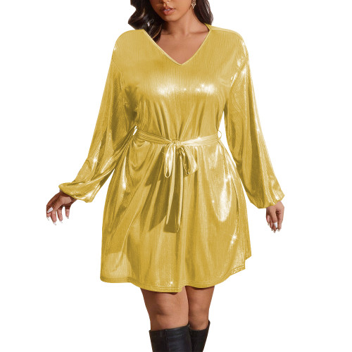 Shiny Metallic Deep V-neck Women Dress with Belt Fashion Long Sleeves A-line Mini Dress Elegant Revelry Party Solid Vestidos