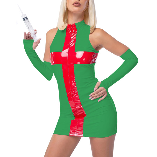 Fetish PVC Nurse Dress Career Cosplay Sleeveless Bodycon Patchwork Hip Wrap Mini Dress Sissy Role Play Latex Look Sexy Costumes