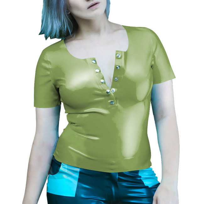 Wetlook Women Clothes Summer Short Sleeve Bodycon Solid Color PVC T-Shirts Sexy Slim Office Latex Look Ladies Tops Streetwear