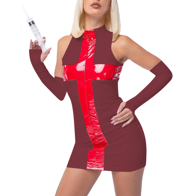 Fetish PVC Nurse Dress Career Cosplay Sleeveless Bodycon Patchwork Hip Wrap Mini Dress Sissy Role Play Latex Look Sexy Costumes