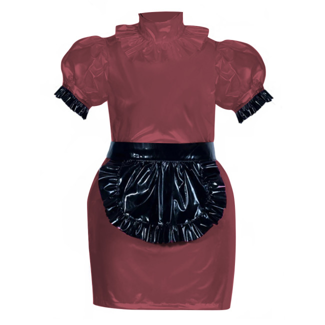 French Role Play Maid Outfits Puffed Sleeves Slim PVC Leather Mini Dress Women Sexy Cosplay Lingerie Maid Dress Waitress Uniform