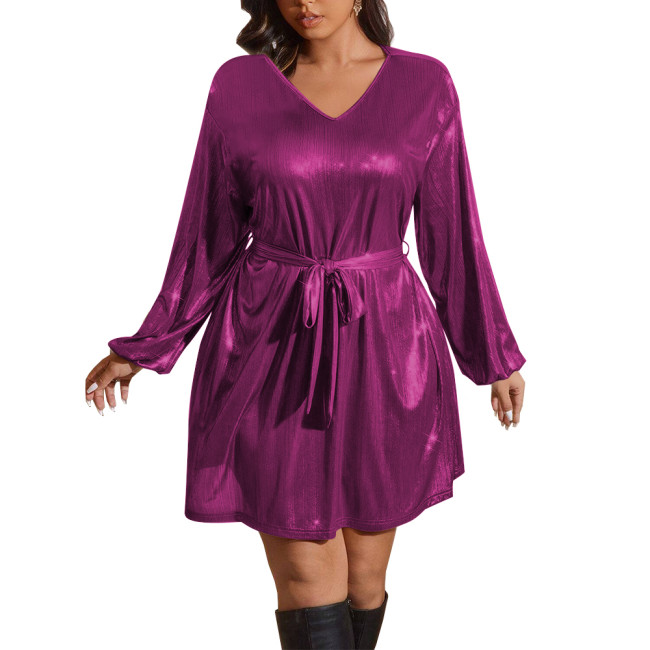 Shiny Metallic Deep V-neck Women Dress with Belt Fashion Long Sleeves A-line Mini Dress Elegant Revelry Party Solid Vestidos