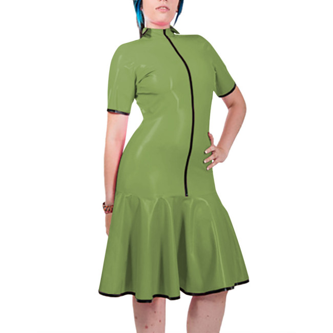 Fashion Women Mock Neck PVC Leather Dresses Elegant Short Sleeve Front Zip Bodycon Mermaid Dress Revelry Party Solid Vestido