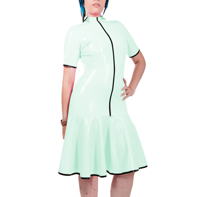 Fashion Women Mock Neck PVC Leather Dresses Elegant Short Sleeve Front Zip Bodycon Mermaid Dress Revelry Party Solid Vestido
