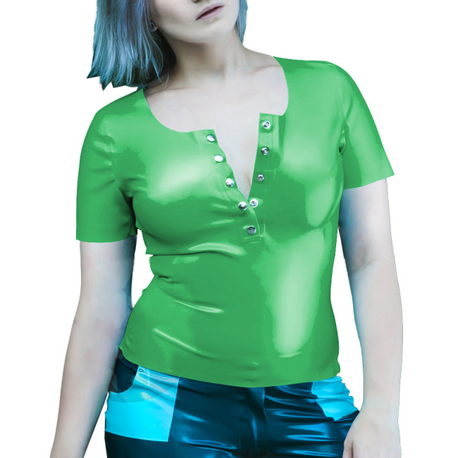 Wetlook Women Clothes Summer Short Sleeve Bodycon Solid Color PVC T-Shirts Sexy Slim Office Latex Look Ladies Tops Streetwear