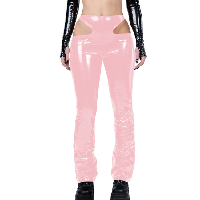 Gothic Sexy Side Hollowing Out Pants Women Bodycon PVC Leather Pancli Pants Punk Style Streetwear Women Trousers Solid Capris