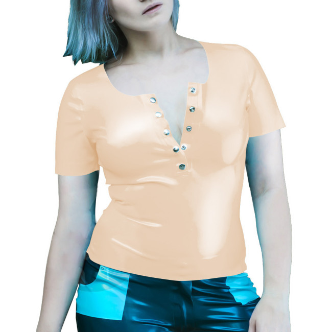 Wetlook Women Clothes Summer Short Sleeve Bodycon Solid Color PVC T-Shirts Sexy Slim Office Latex Look Ladies Tops Streetwear