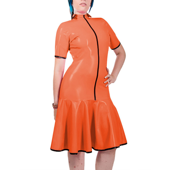 Fashion Women Mock Neck PVC Leather Dresses Elegant Short Sleeve Front Zip Bodycon Mermaid Dress Revelry Party Solid Vestido