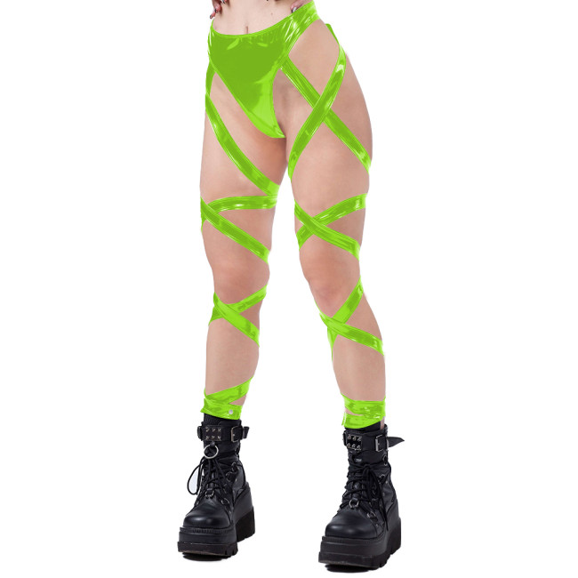 Erotic Women Shiny Wet Look Lingerie Sex Pants Pole Dance Mens Sissy Hollow Out Lace-up PVC Leather Exotic Pants Fetish Wear