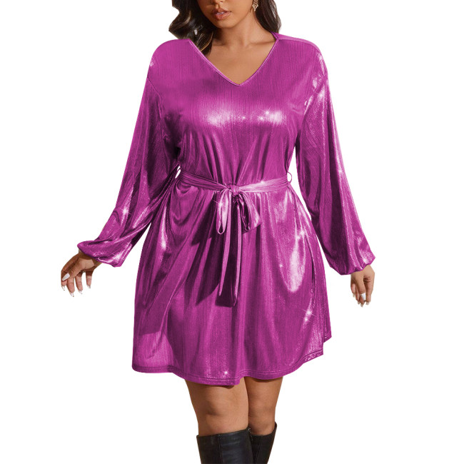 Shiny Metallic Deep V-neck Women Dress with Belt Fashion Long Sleeves A-line Mini Dress Elegant Revelry Party Solid Vestidos