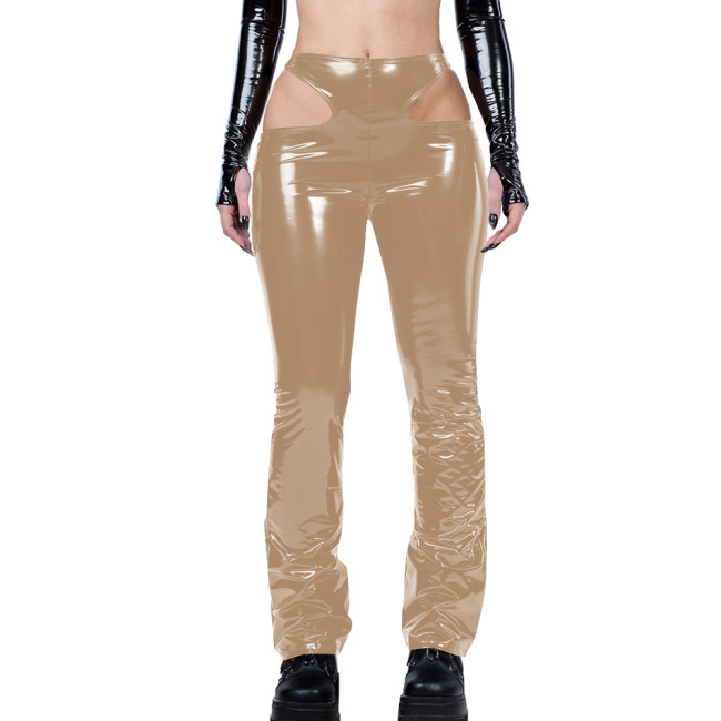 Gothic Sexy Side Hollowing Out Pants Women Bodycon PVC Leather Pancli Pants Punk Style Streetwear Women Trousers Solid Capris