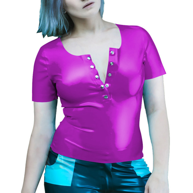 Wetlook Women Clothes Summer Short Sleeve Bodycon Solid Color PVC T-Shirts Sexy Slim Office Latex Look Ladies Tops Streetwear