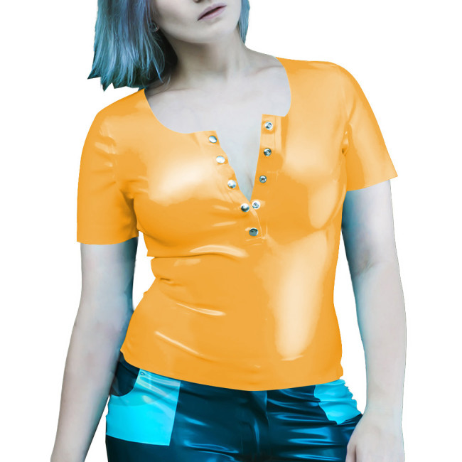 Wetlook Women Clothes Summer Short Sleeve Bodycon Solid Color PVC T-Shirts Sexy Slim Office Latex Look Ladies Tops Streetwear