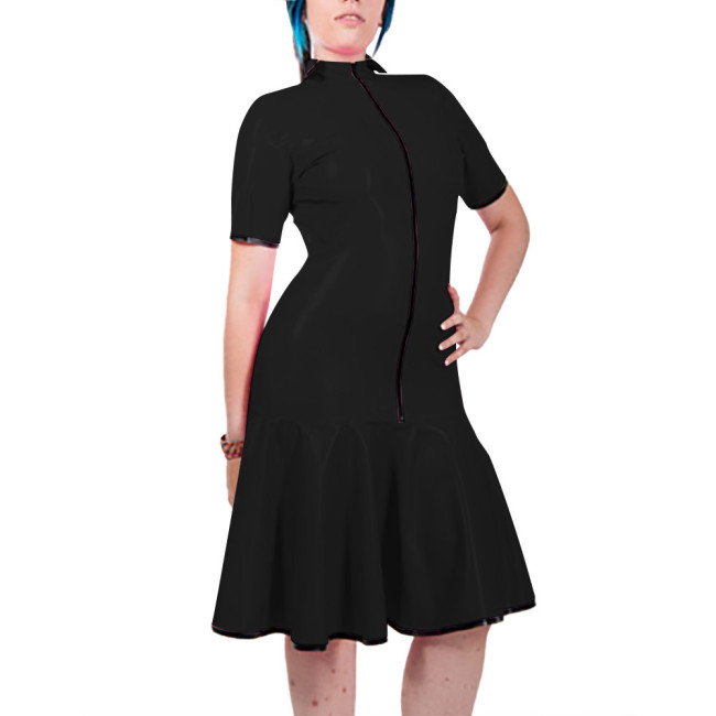Fashion Women Mock Neck PVC Leather Dresses Elegant Short Sleeve Front Zip Bodycon Mermaid Dress Revelry Party Solid Vestido