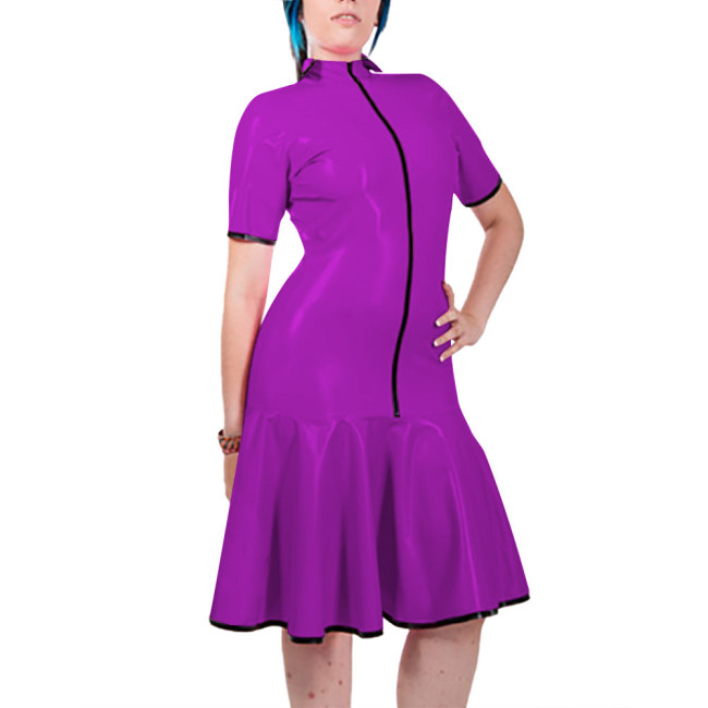 Fashion Women Mock Neck PVC Leather Dresses Elegant Short Sleeve Front Zip Bodycon Mermaid Dress Revelry Party Solid Vestido