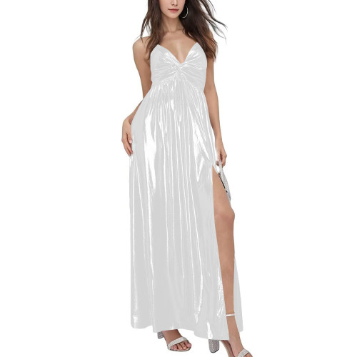Summer Robe Argent Spaghetti Slip Beach Dress Women Shiny Metallic Side Slit Stretch Slim Maxi Dress Vacation Party Dress Sissy