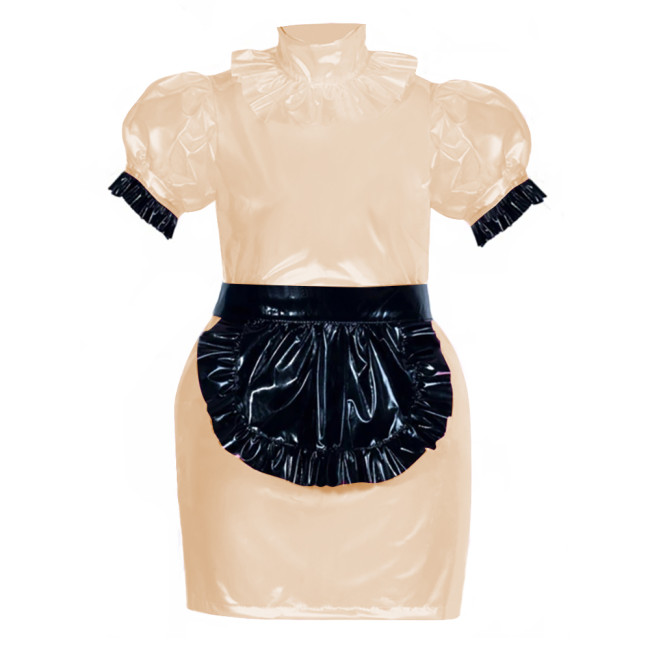 French Role Play Maid Outfits Puffed Sleeves Slim PVC Leather Mini Dress Women Sexy Cosplay Lingerie Maid Dress Waitress Uniform