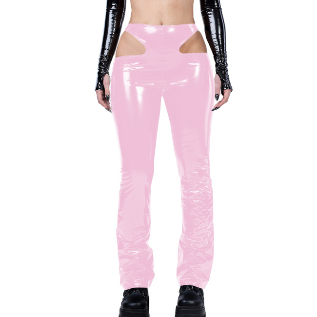 Gothic Sexy Side Hollowing Out Pants Women Bodycon PVC Leather Pancli Pants Punk Style Streetwear Women Trousers Solid Capris