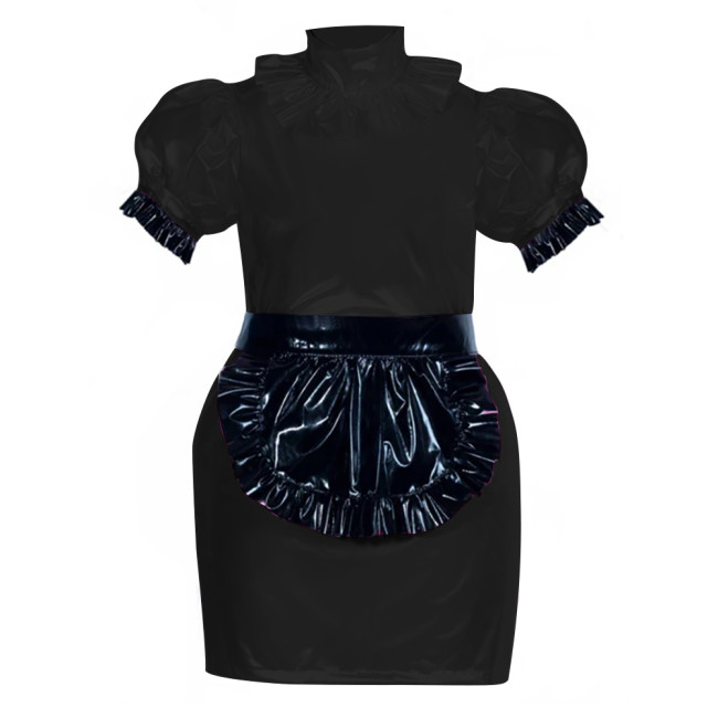 French Role Play Maid Outfits Puffed Sleeves Slim PVC Leather Mini Dress Women Sexy Cosplay Lingerie Maid Dress Waitress Uniform
