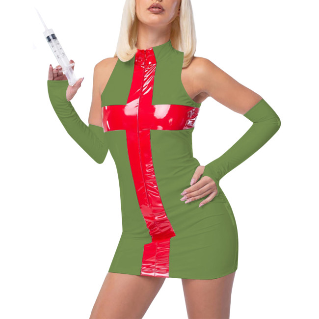 Fetish PVC Nurse Dress Career Cosplay Sleeveless Bodycon Patchwork Hip Wrap Mini Dress Sissy Role Play Latex Look Sexy Costumes