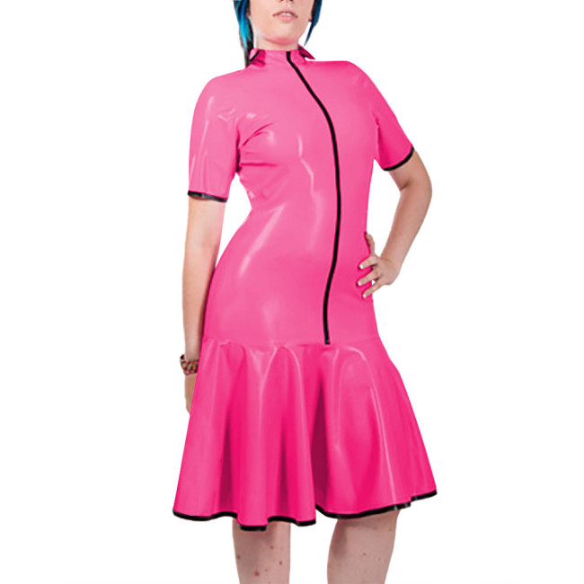 Fashion Women Mock Neck PVC Leather Dresses Elegant Short Sleeve Front Zip Bodycon Mermaid Dress Revelry Party Solid Vestido