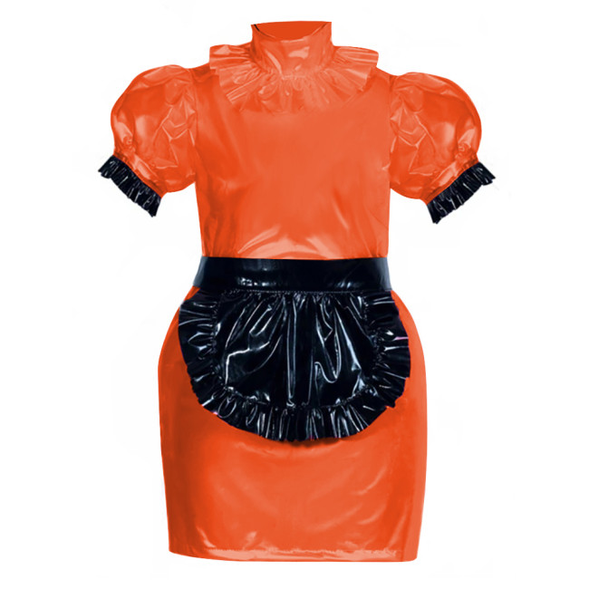 French Role Play Maid Outfits Puffed Sleeves Slim PVC Leather Mini Dress Women Sexy Cosplay Lingerie Maid Dress Waitress Uniform