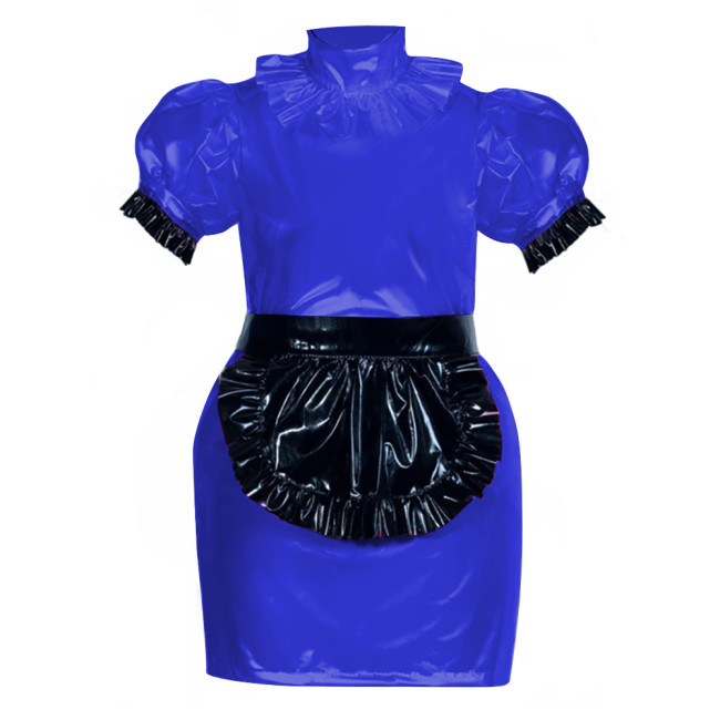French Role Play Maid Outfits Puffed Sleeves Slim PVC Leather Mini Dress Women Sexy Cosplay Lingerie Maid Dress Waitress Uniform