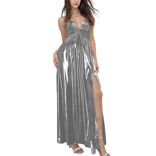 Summer Robe Argent Spaghetti Slip Beach Dress Women Shiny Metallic Side Slit Stretch Slim Maxi Dress Vacation Party Dress Sissy