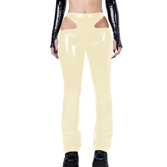 Gothic Sexy Side Hollowing Out Pants Women Bodycon PVC Leather Pancli Pants Punk Style Streetwear Women Trousers Solid Capris