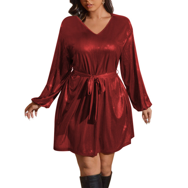 Shiny Metallic Deep V-neck Women Dress with Belt Fashion Long Sleeves A-line Mini Dress Elegant Revelry Party Solid Vestidos
