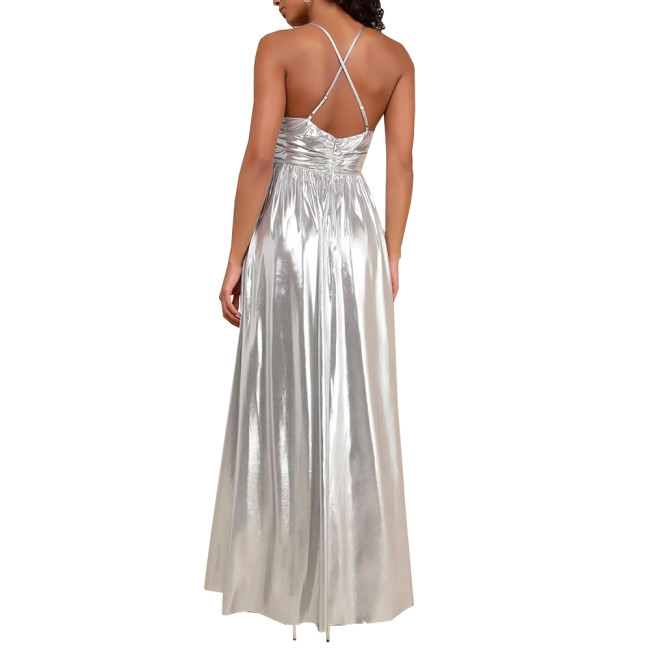 Summer Robe Argent Spaghetti Slip Beach Dress Women Shiny Metallic Side Slit Stretch Slim Maxi Dress Vacation Party Dress Sissy