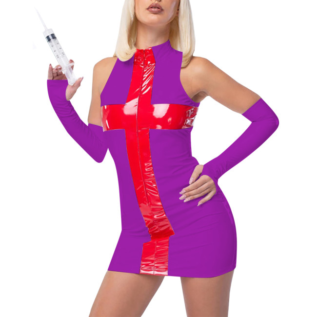 Fetish PVC Nurse Dress Career Cosplay Sleeveless Bodycon Patchwork Hip Wrap Mini Dress Sissy Role Play Latex Look Sexy Costumes