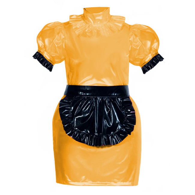 French Role Play Maid Outfits Puffed Sleeves Slim PVC Leather Mini Dress Women Sexy Cosplay Lingerie Maid Dress Waitress Uniform