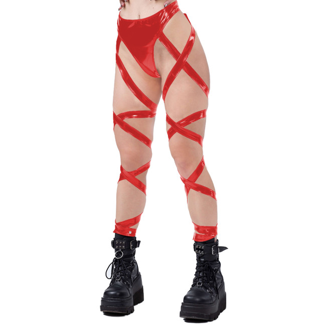 Erotic Women Shiny Wet Look Lingerie Sex Pants Pole Dance Mens Sissy Hollow Out Lace-up PVC Leather Exotic Pants Fetish Wear