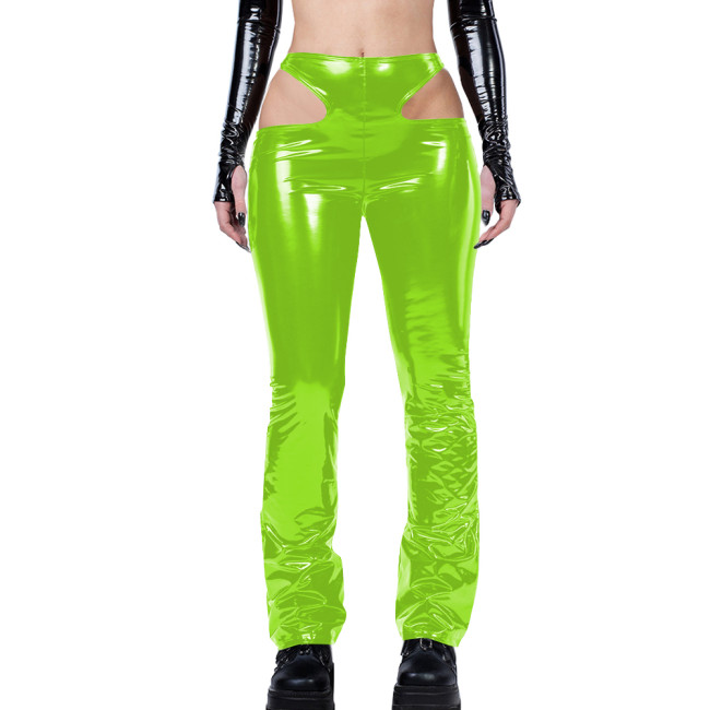 Gothic Sexy Side Hollowing Out Pants Women Bodycon PVC Leather Pancli Pants Punk Style Streetwear Women Trousers Solid Capris