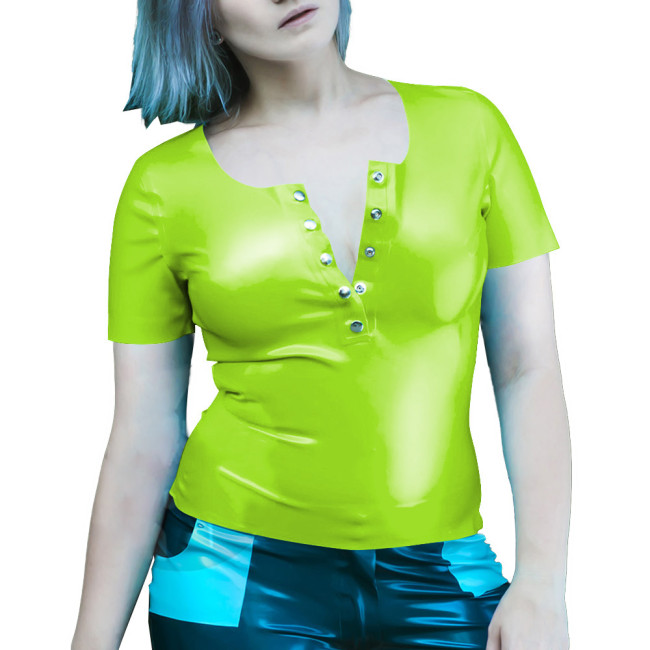 Wetlook Women Clothes Summer Short Sleeve Bodycon Solid Color PVC T-Shirts Sexy Slim Office Latex Look Ladies Tops Streetwear