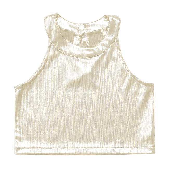 Shiny Metallic O Neck Slim Fit Hot Tops for Women Sleeveless Sexy Bodycon Crop Top Daily Lady Tanks Outdoor Clothes Streetwear