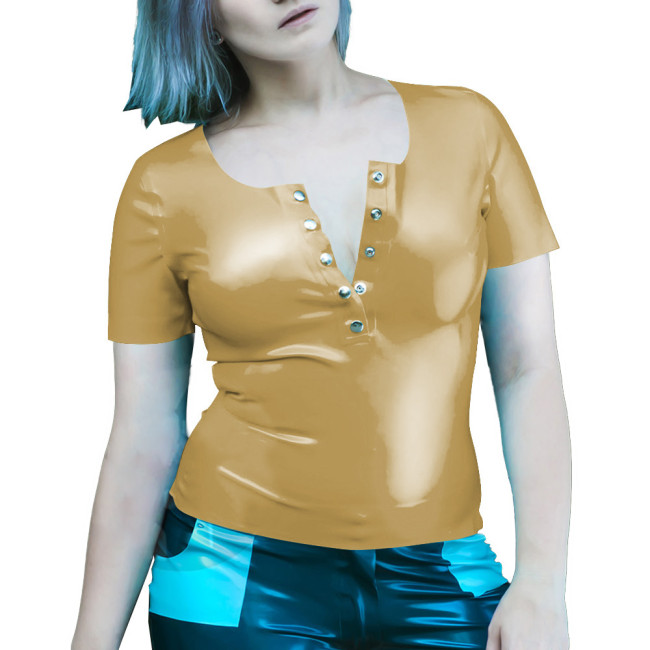 Wetlook Women Clothes Summer Short Sleeve Bodycon Solid Color PVC T-Shirts Sexy Slim Office Latex Look Ladies Tops Streetwear