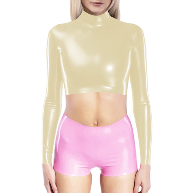 Fashion PVC Leather Long Sleeves Crop Tops Bodycon Women T Shirt Tops Office Ladies Solid Slim Fit Gothic Short Sexy Tops Casual