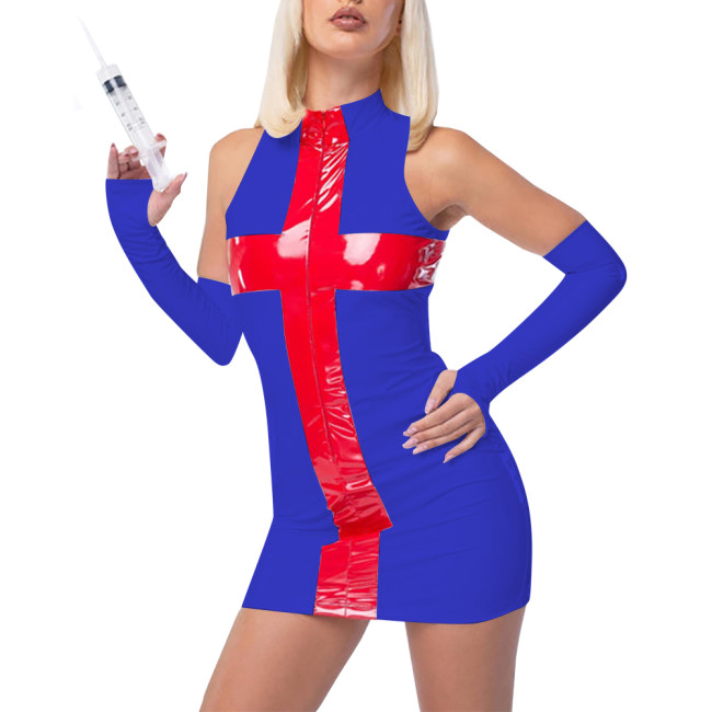 Fetish PVC Nurse Dress Career Cosplay Sleeveless Bodycon Patchwork Hip Wrap Mini Dress Sissy Role Play Latex Look Sexy Costumes