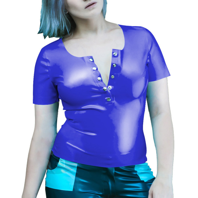 Wetlook Women Clothes Summer Short Sleeve Bodycon Solid Color PVC T-Shirts Sexy Slim Office Latex Look Ladies Tops Streetwear