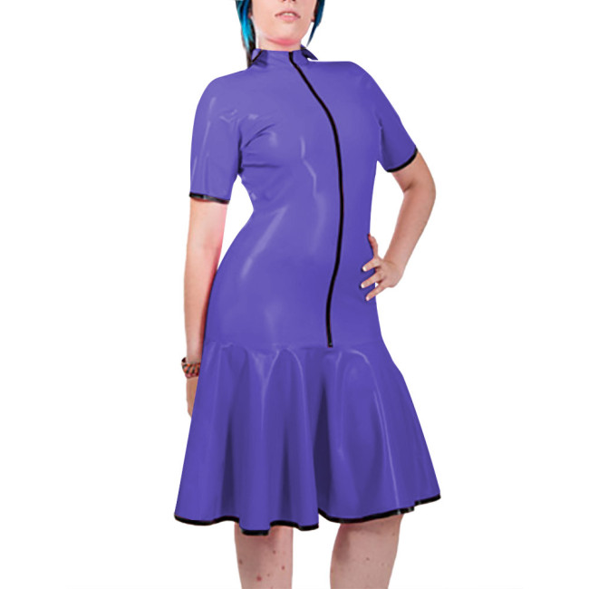 Fashion Women Mock Neck PVC Leather Dresses Elegant Short Sleeve Front Zip Bodycon Mermaid Dress Revelry Party Solid Vestido