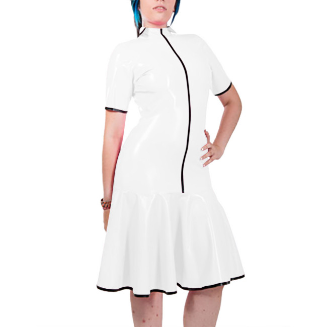 Fashion Women Mock Neck PVC Leather Dresses Elegant Short Sleeve Front Zip Bodycon Mermaid Dress Revelry Party Solid Vestido
