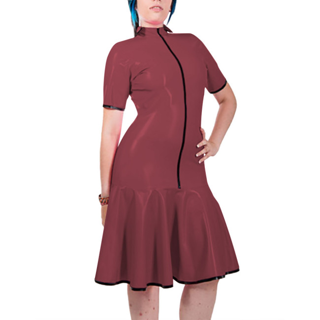 Fashion Women Mock Neck PVC Leather Dresses Elegant Short Sleeve Front Zip Bodycon Mermaid Dress Revelry Party Solid Vestido