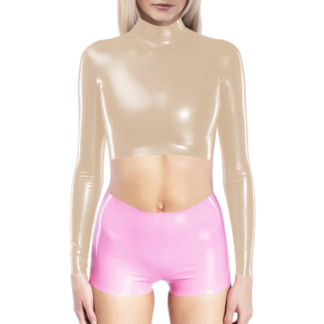 Fashion PVC Leather Long Sleeves Crop Tops Bodycon Women T Shirt Tops Office Ladies Solid Slim Fit Gothic Short Sexy Tops Casual