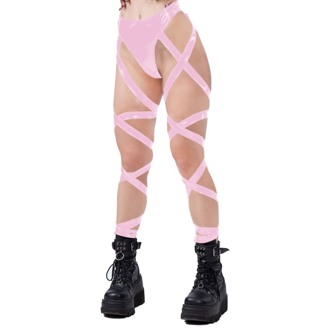 Erotic Women Shiny Wet Look Lingerie Sex Pants Pole Dance Mens Sissy Hollow Out Lace-up PVC Leather Exotic Pants Fetish Wear